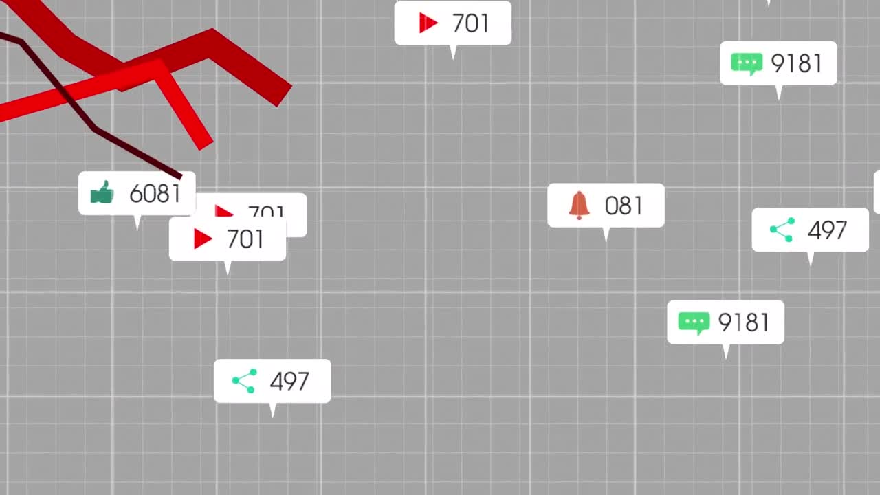회색 배경에 있는 그래프 위의 알림 바에서 아이콘과 번호를 변경하는 애니메이션