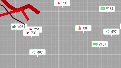 Animation-Von-Symbolen-Und-Sich-ändernden-Zahlen-In-Benachrichtigungsleisten-über-Diagrammen-Vor-Grauem-Hintergrund