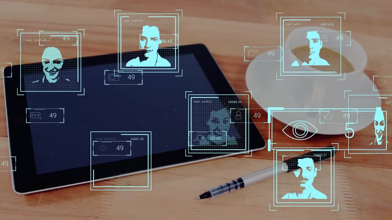 animación de los iconos de las personas sobre la tableta y el bolígrafo
