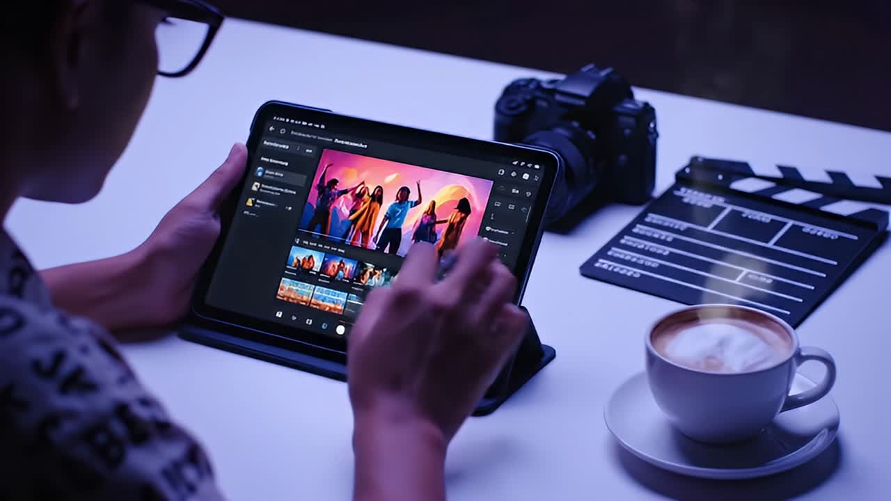 Creative Professional Editing a Music Video on a Tablet at a Desk