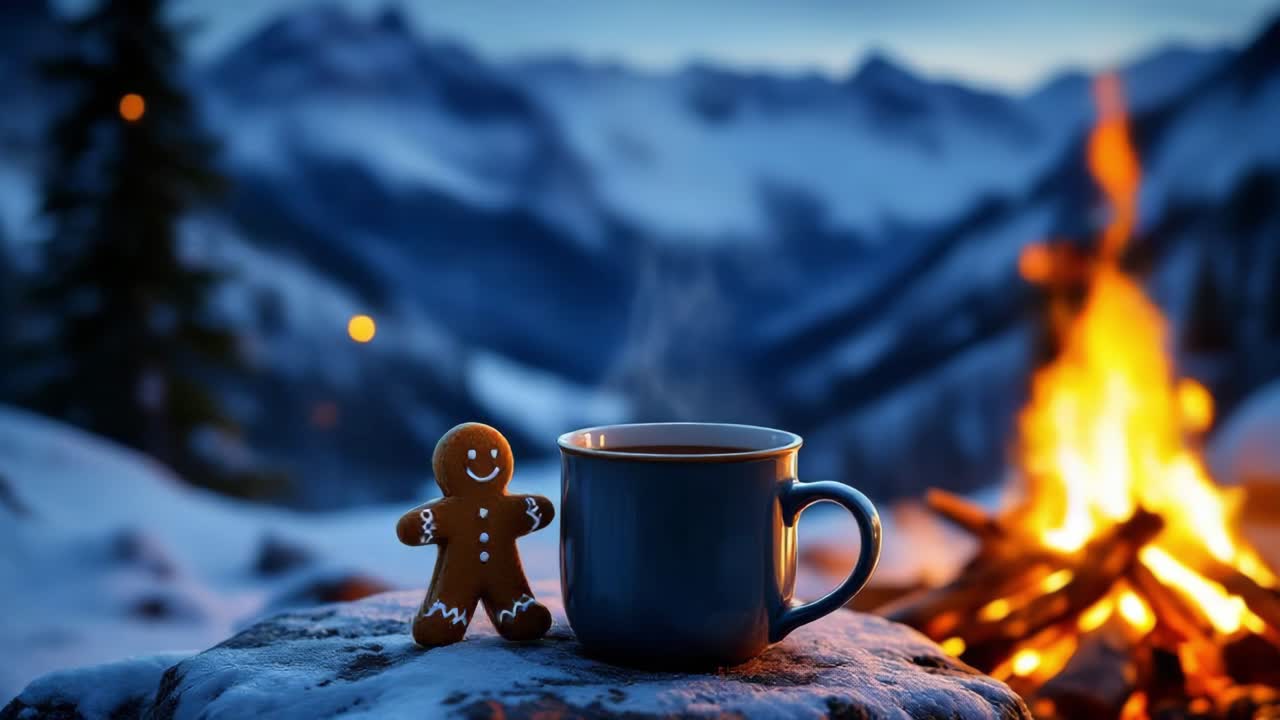 Cozy Winter Campfire with Gingerbread Man and Hot Drink