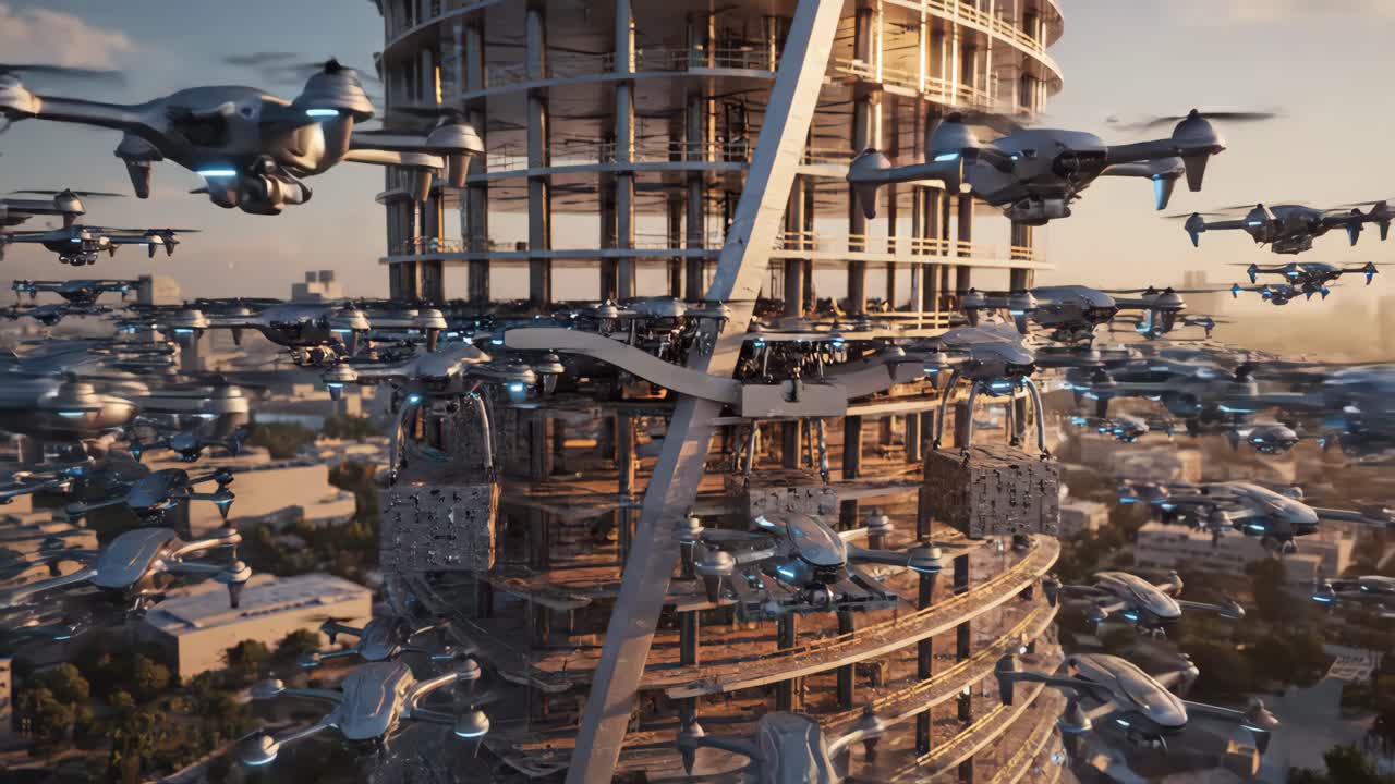 Drones Delivering Construction Materials to a Building