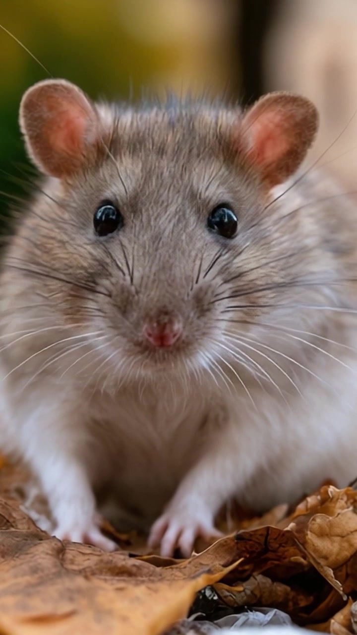 Primo piano di un simpatico ratto che esplora il suo ambiente naturale tra le foglie autunnali, mettendo in mostra le sue caratteristiche distintive e la morbida pelliccia in colori vivaci.