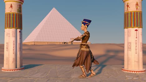 queen nefertiti dancing in front of the great pyramid of giza and a view of the desert in the ancient temple. historical animation. the great pyramids in giza valley, cairo, egypt