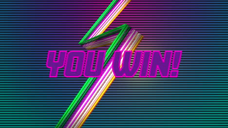 animation of you win text in neon letters over neon flash