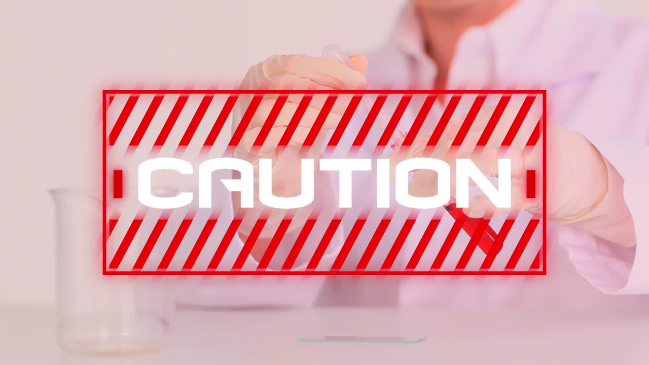 palabra de precaución! escrito sobre el científico que trabaja en el fondo