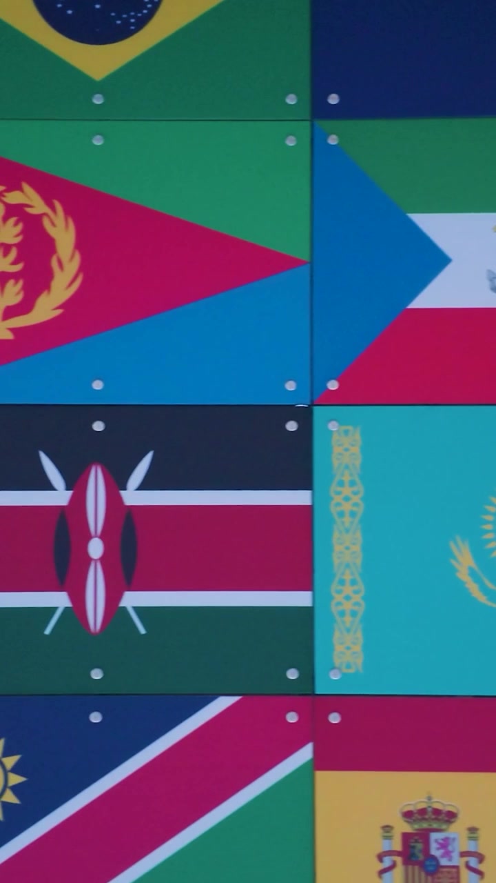 World flags wall panning left across a grid of international banners and national symbols, ideal for globalization, diplomacy, multicultural education, and travel concepts. Vertical format.