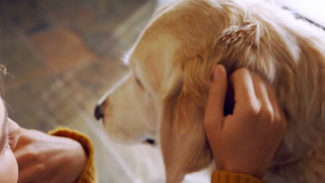 mujer acariciando a su perro en casa 4k