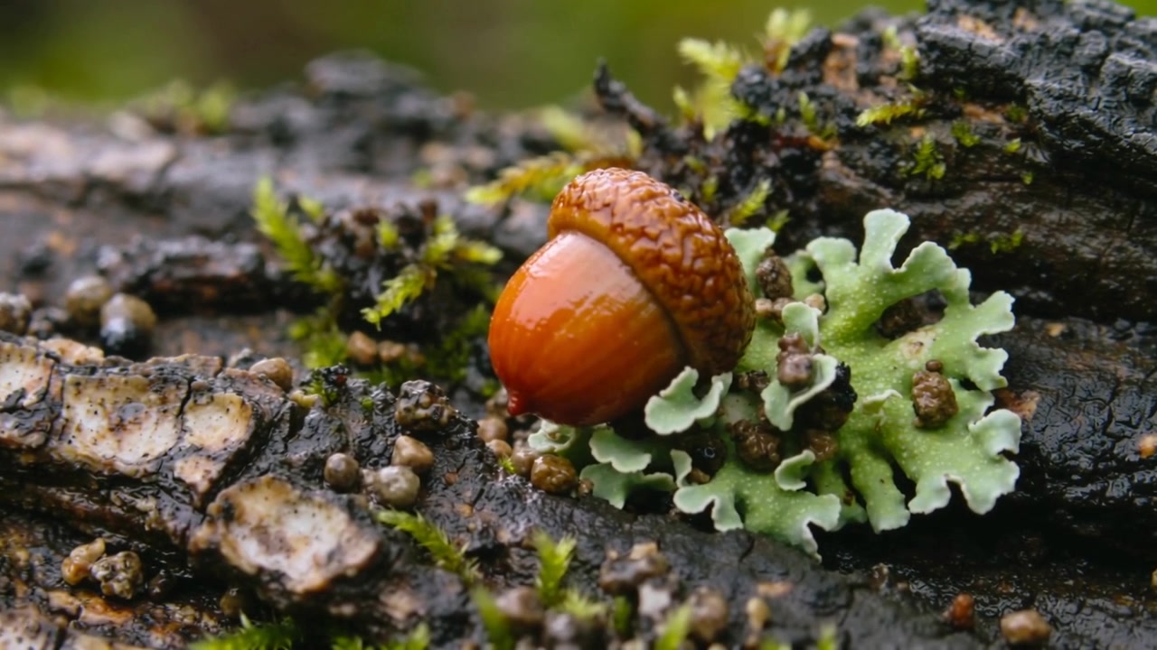 Rotating brown acorn nudging into lichen on wet mossy bark, dew collecting and glossing, copy space