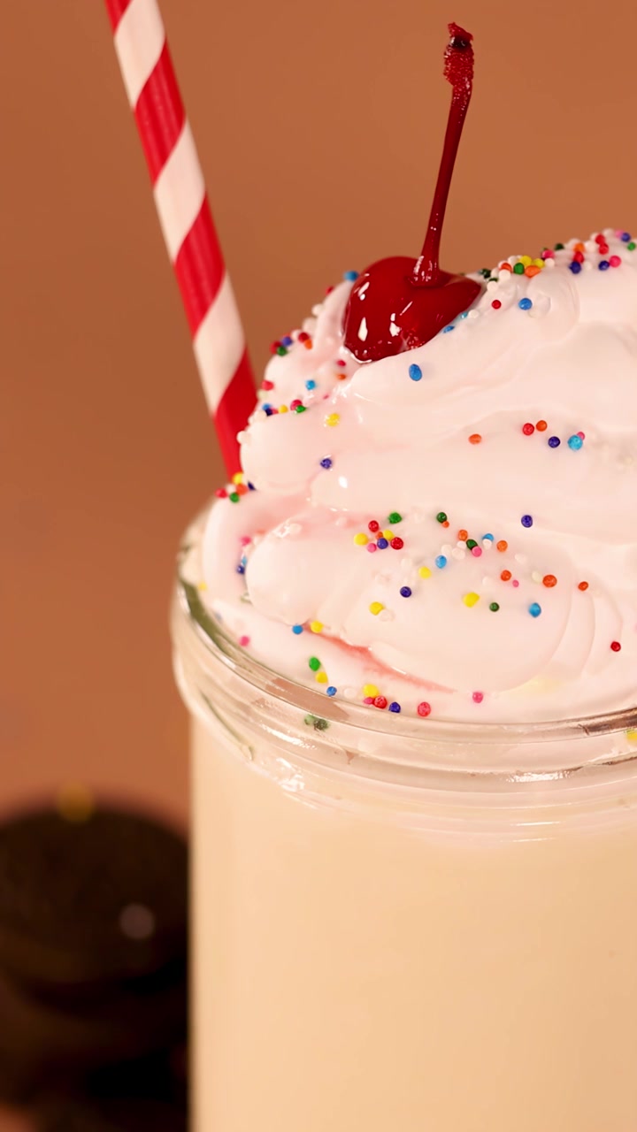 Lento movimento di camera attorno a un frappè cremoso alla vaniglia guarnito con panna montata, una ciliegia e codette colorate