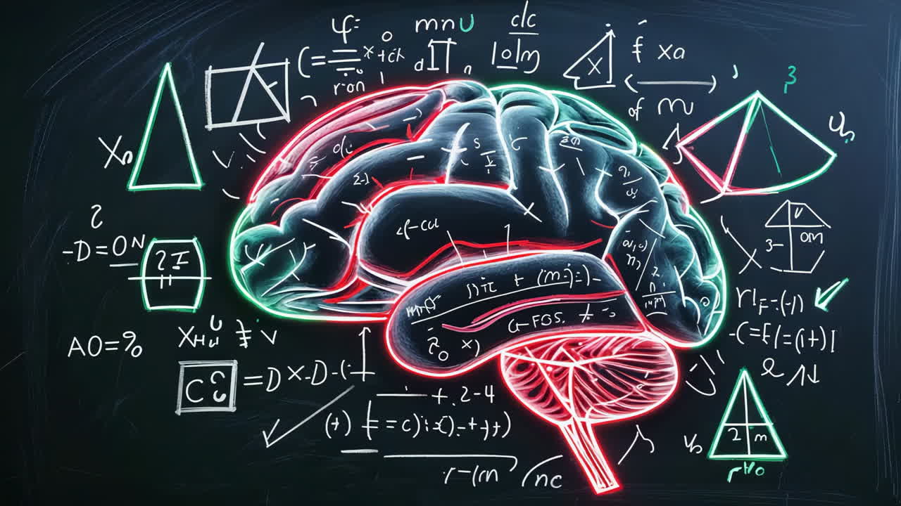 A glowing brain surrounded by mathematical equations and scientific diagrams on a dark background