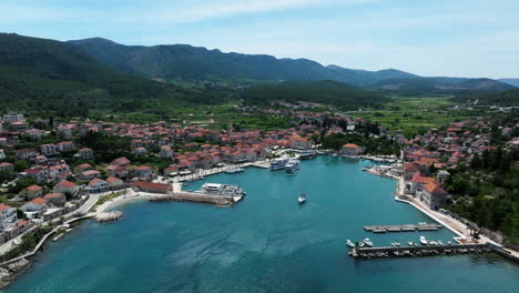 charming coastal town of jelsa on hvar island, croatia. aerial drone shot