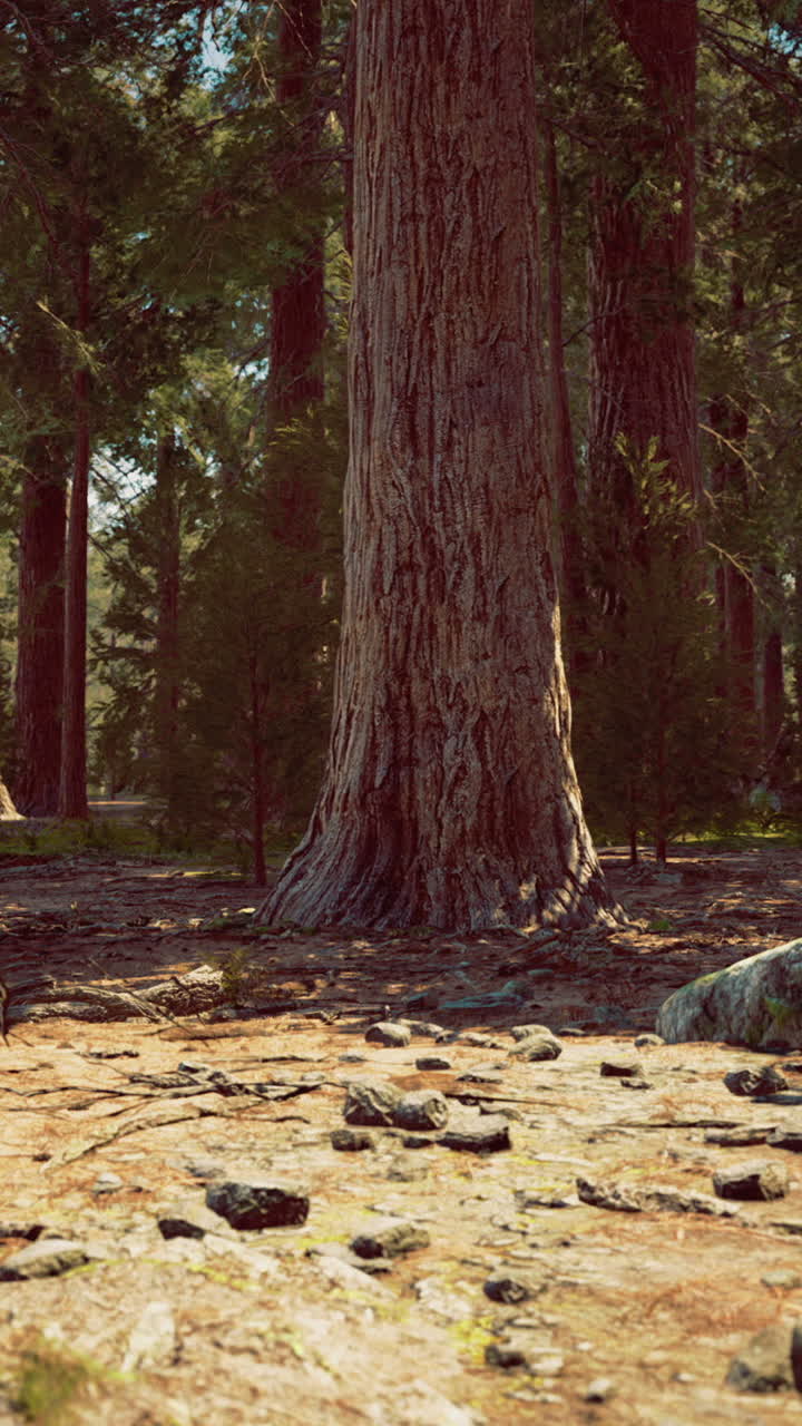 Majestic forest landscape showcasing towering trees under bright sunlight