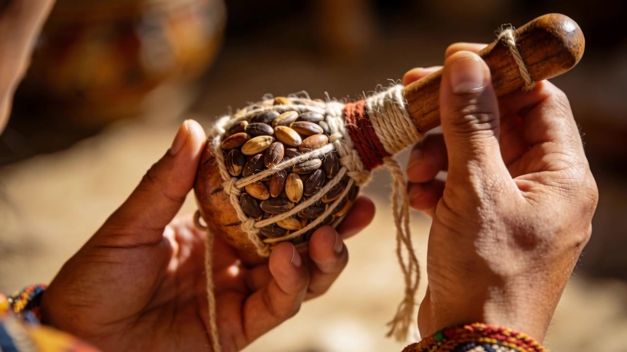 Manos de artesano, al notar un cordón suelto, ajustando una red de calabaza en un estudio cálido con una funda tejida y pulseras.