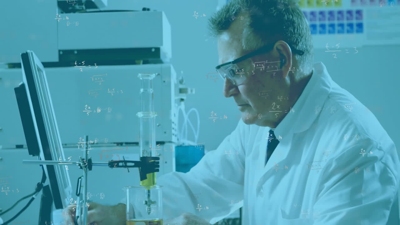 animación de una fórmula matemática sobre un científico caucásico que trabaja en un laboratorio