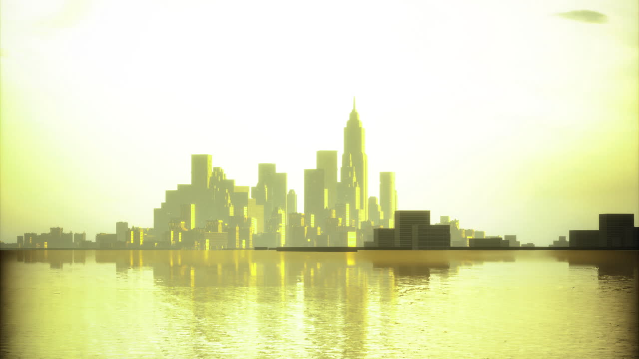 City skyline reflects on water during golden hour