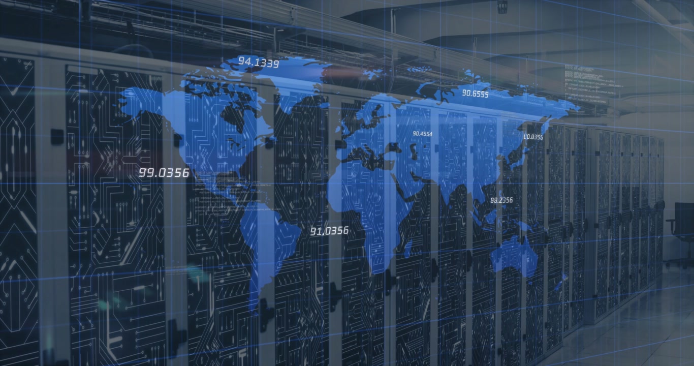 On boot server racks displaying map overlay updating readouts enabling global data monitoring