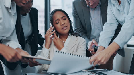 phone call, chaos and woman stress of business