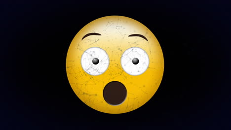 animación digital de una red de conexiones flotando sobre un emoji de cara sorprendida sobre un fondo negro