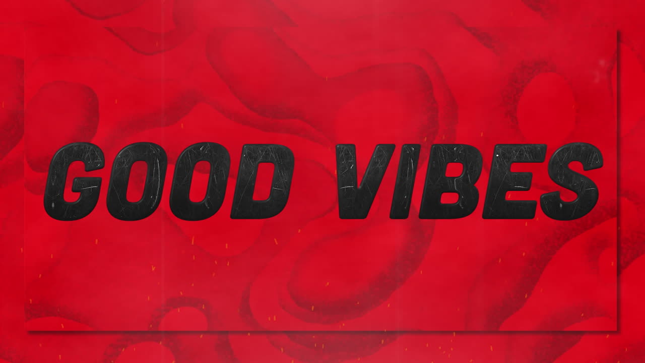 Animation of good vibes text over shapes on red background