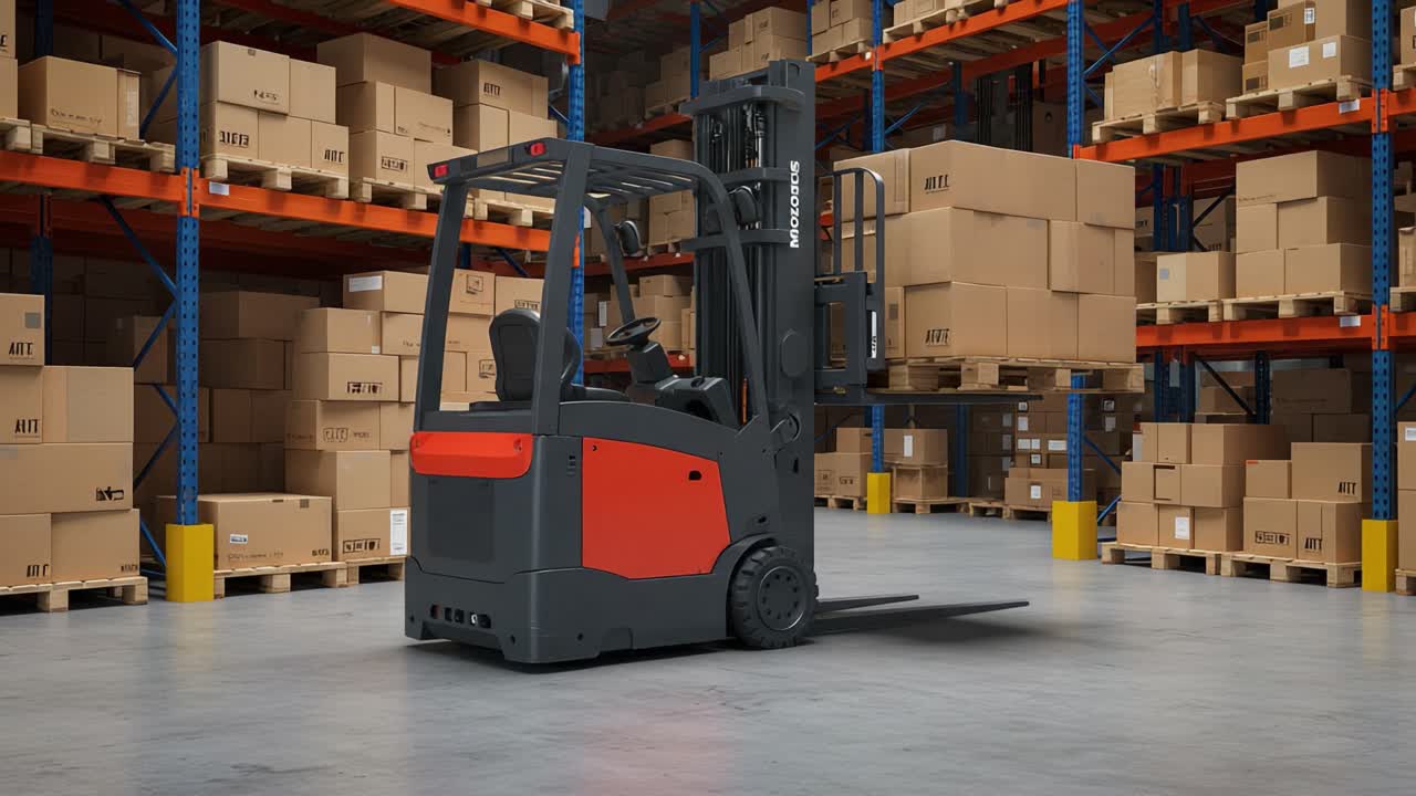A modern forklift efficiently maneuvering through a warehouse, lifting a stack of boxes amidst neatly arranged shelving, showcasing industrial storage operations