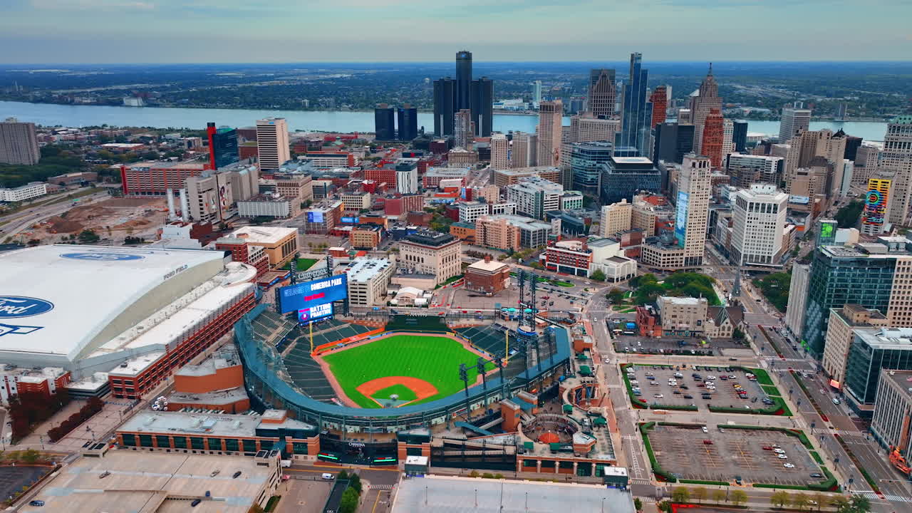 Detroit, USA, 28 July 2025: Downtown Detroit with Comerica Park Stadium and Towers. An aerial perspective highlights downtown Detroit, featuring the Comerica Park