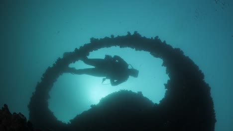 silhouette of a scuba diver swimming above a newly created underwater artificial reef art installation