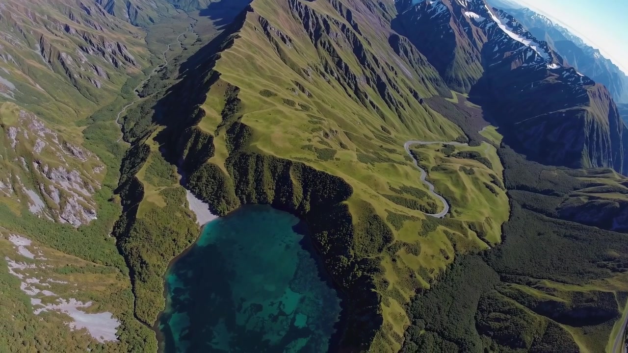 Vista aerea di un lago alpino e di una strada di montagna tortuosa