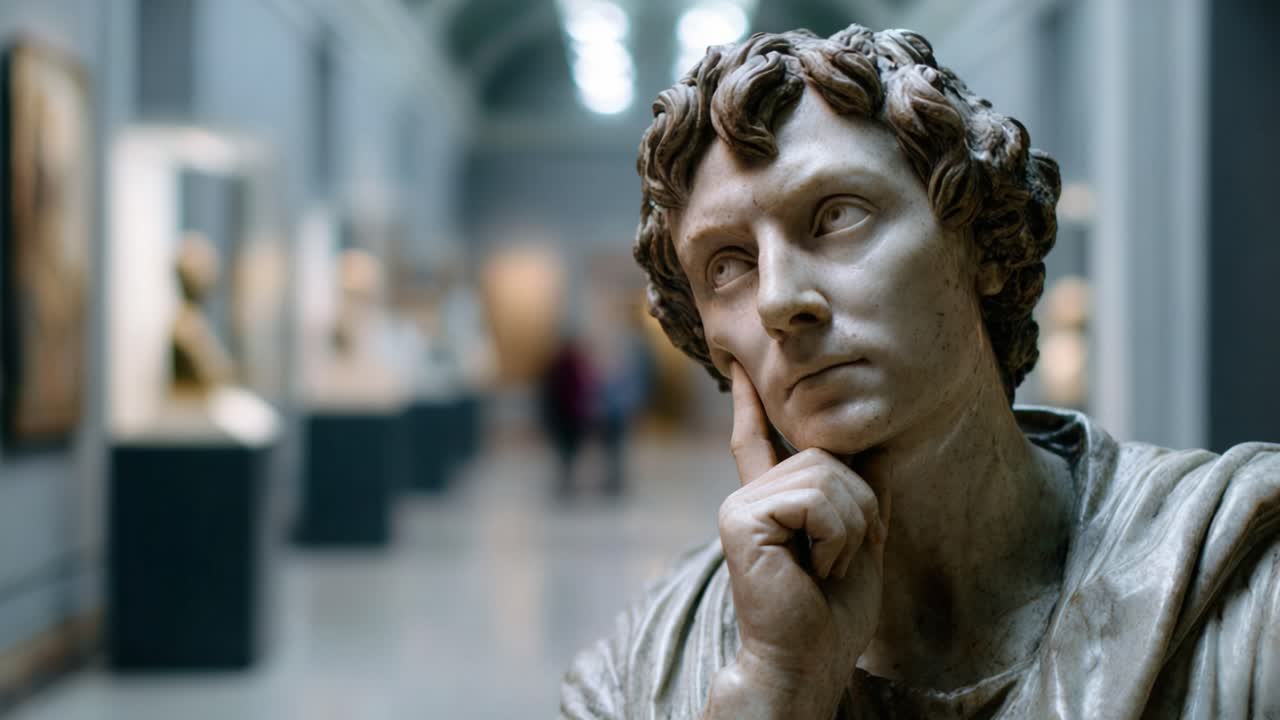 Una scultura evocativa in un'ambientazione museale affascina gli osservatori con i suoi dettagli ed espressioni realistiche, mettendo in risalto la maestria artistica attraverso i secoli.