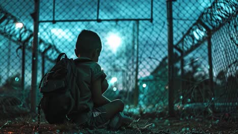 a child sits in front of a fence