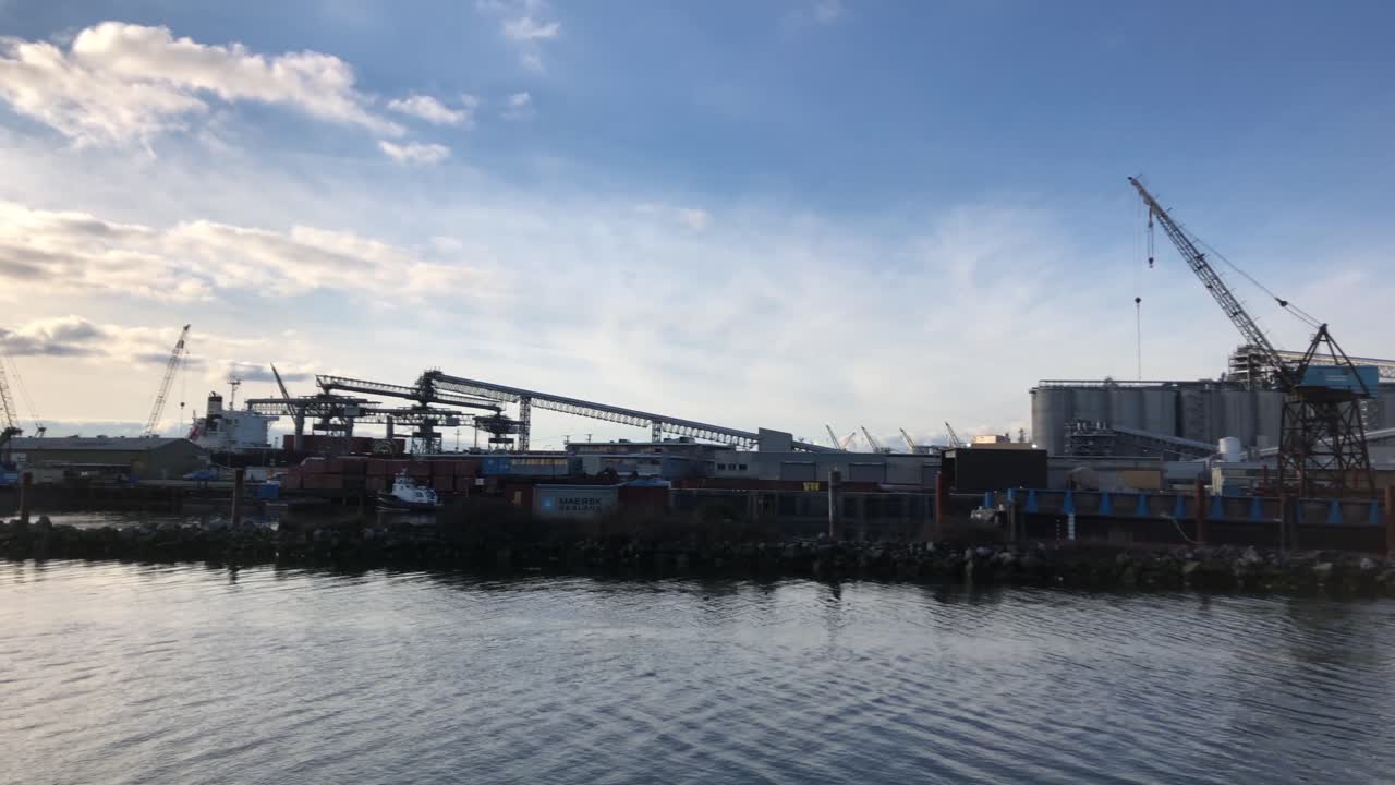 새들이 날아다니는 동안 부분적으로 흐린 날 옆에 벌크선이 있는 큰 곡물 터미널이 배경에 있는 부두에 정박한 여러 해양 선박