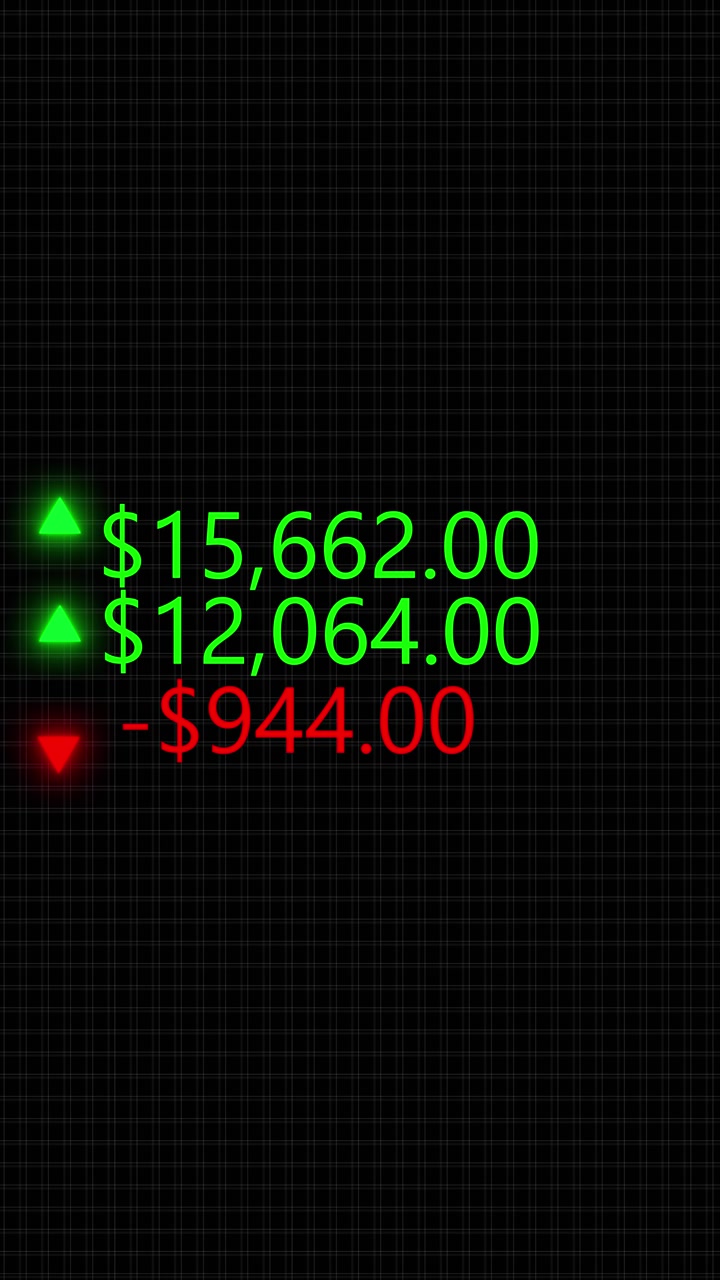 Sfondo a griglia con valori finanziari in dollari, cifre di prezzo bianche, indicatori verdi verso l'alto e sfondo nero.