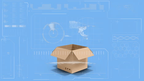 animation of statistics processing over cardboard box on blue background