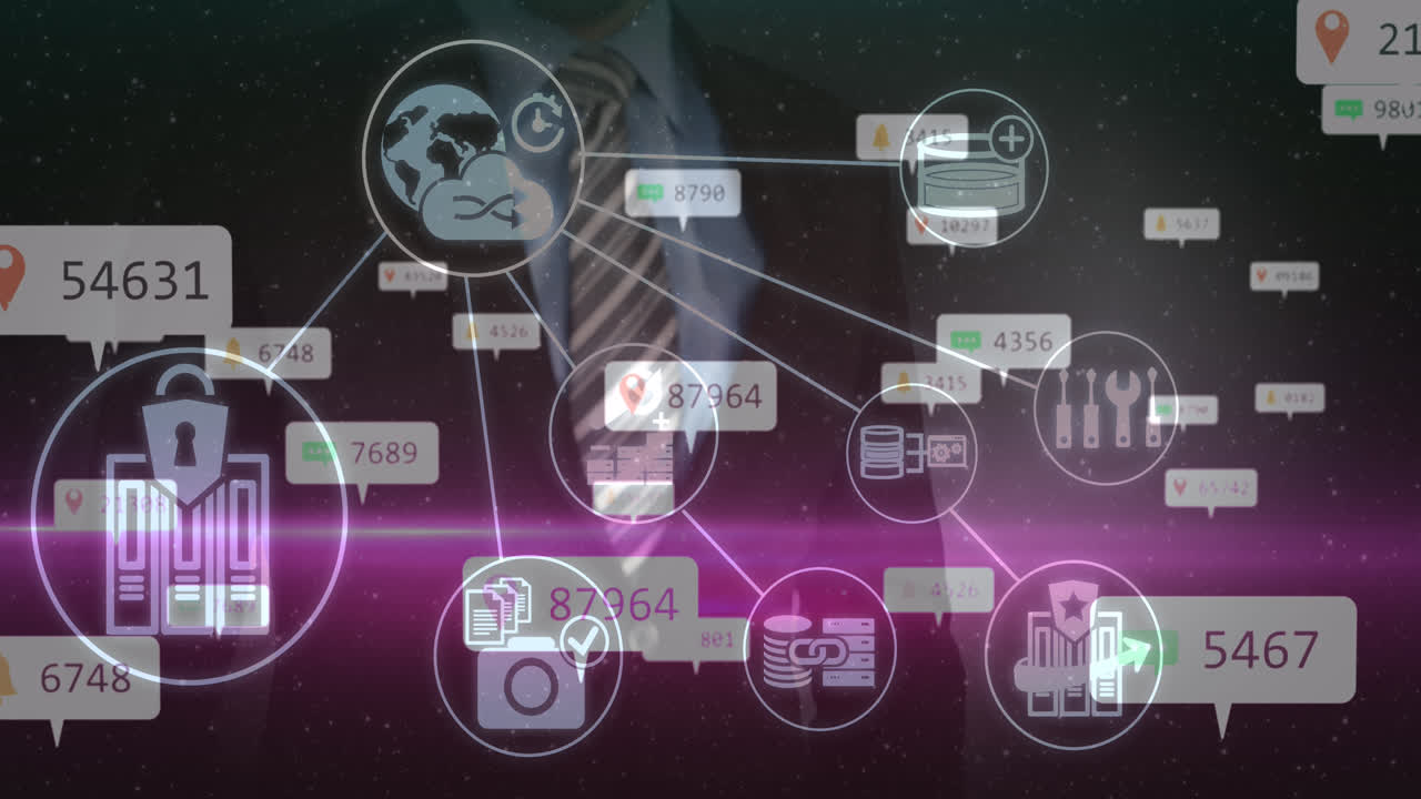 animación de iconos de los medios y empresario caucásico en fondo negro