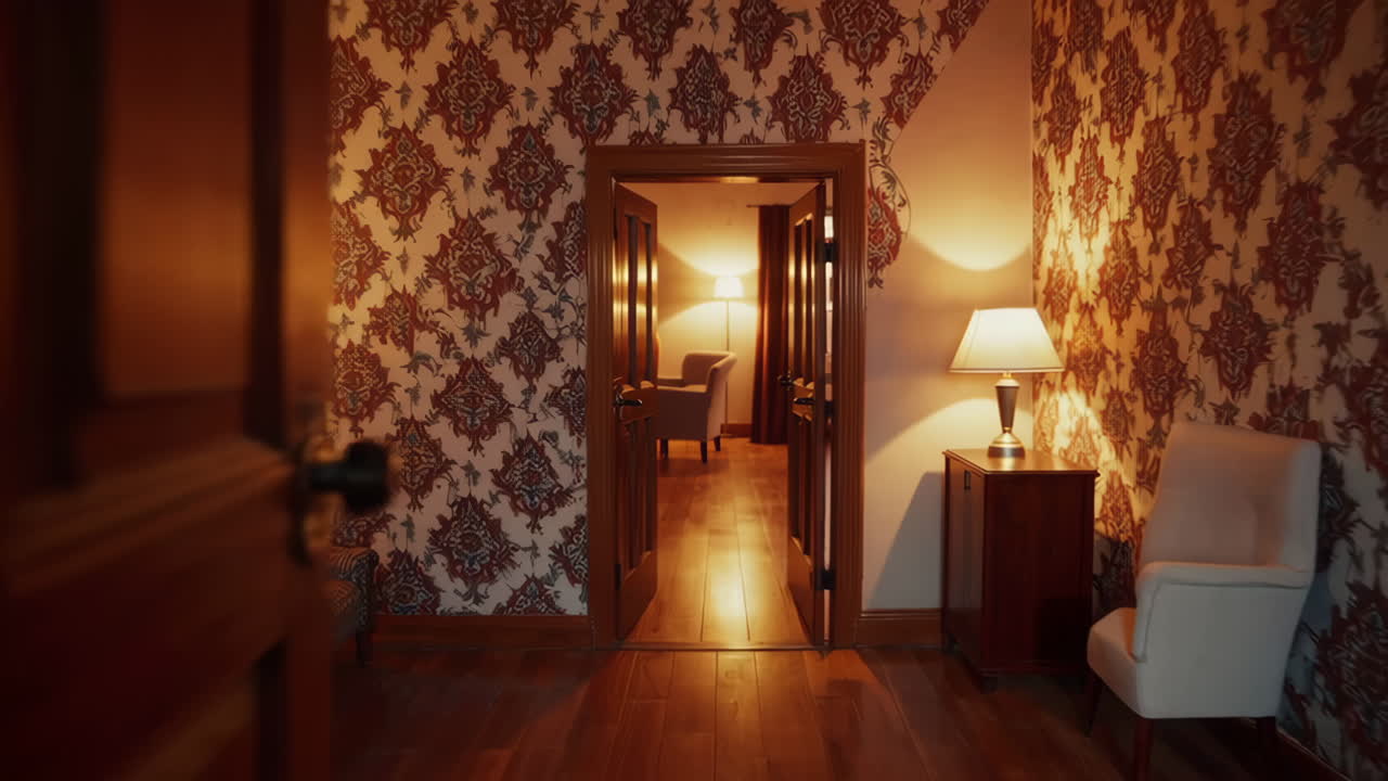Elegant Interior with Wooden Doors and Floral Wallpaper