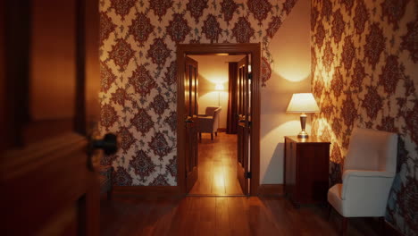 elegant interior with wooden doors and floral wallpaper