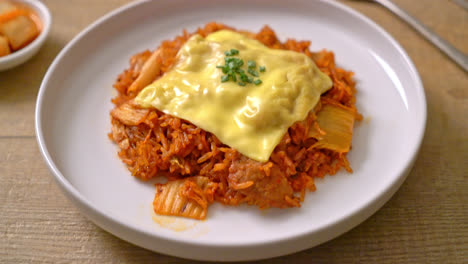 arroz frito con kimchi con carne de cerdo y queso coronado - estilo de comida asiática y de fusión