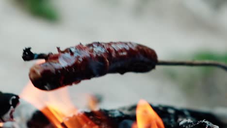 cooking sausage on a campfire