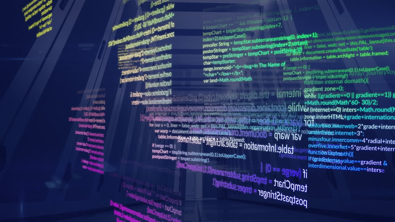 animación del procesamiento de datos contra la sala de servidores de computadoras