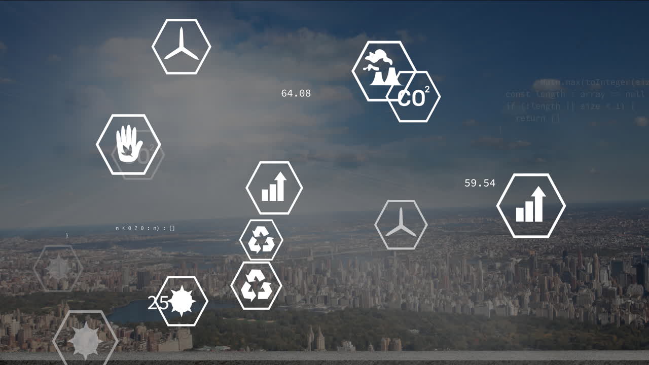 Cityscape with environmental data icons and coding animation overlaying buildings