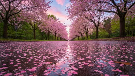 a serene stroll through a blooming cherry blossom avenue with petals blanketing the ground in a tranquil natural setting during a beautiful sunset