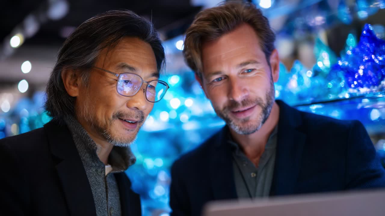 Engaging Conversation Between Two Professionals Amidst a Display of Colorful Art Displaying Artistic Glass Creations and Unique Handcrafted Designs in a Contemporary Setting