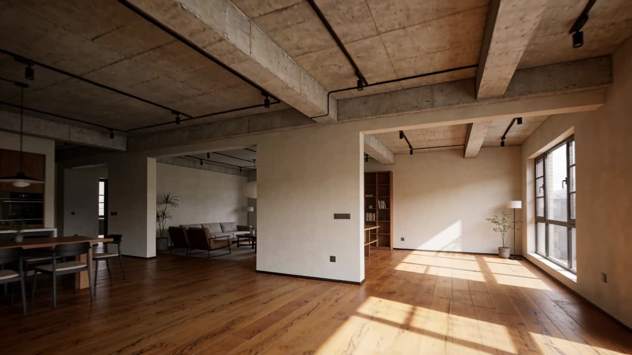 Panning camera across empty open loft showing sunlit wood floors, windows, exposed beam ceiling