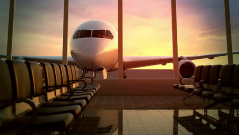 animation of modern airport terminal with black leather seats and a huge viewing glass facade. beyond the window you can see an airplane waiting for being loaded and start the international flight. hd