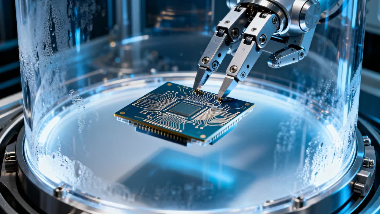 Sænker robotgribearm efter indføring og justerer fingrene med printpladen inde i kammeret, tester kontakter.