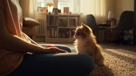 playful kitten interacting with human hands in a cozy home