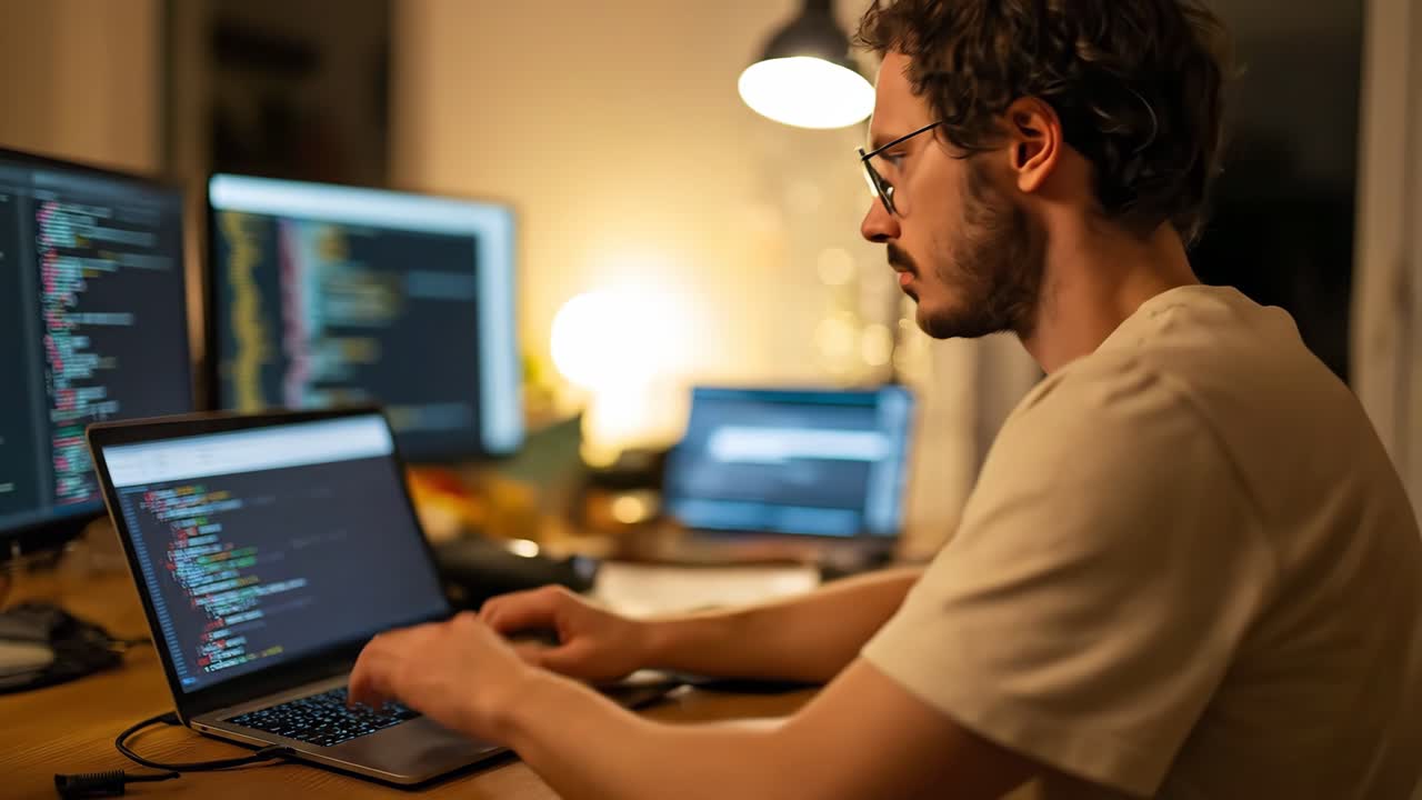 Programmer coding at workstation with multiple screens