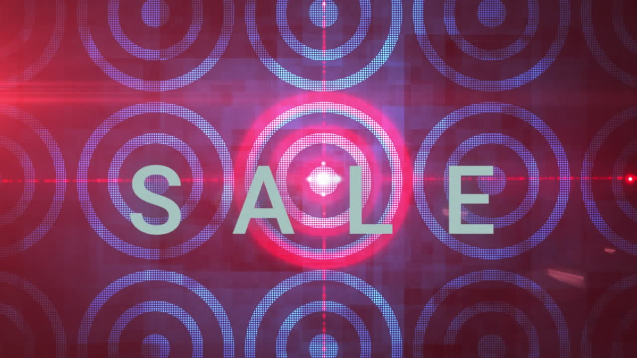 파란색 위에  ⁇ 색 동심 원 패턴과  ⁇ 은 빛으로 판매 텍스트의 애니메이션