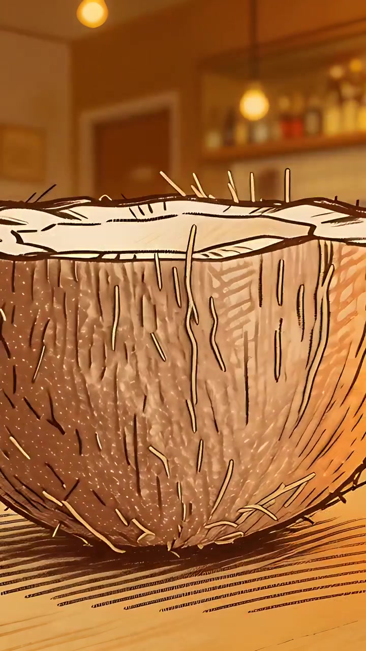 Video verticale: Ripresa panoramica che mostra una noce di cocco tagliata a metà su un bancone di legno, illuminata da luci a sospensione per evidenziare i dettagli.