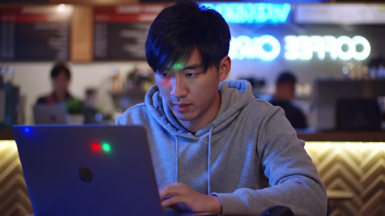 Focused Young Man Working on Laptop in Cozy Coffee Shop Setting, Surrounded by Soft Lights and Lively Atmosphere